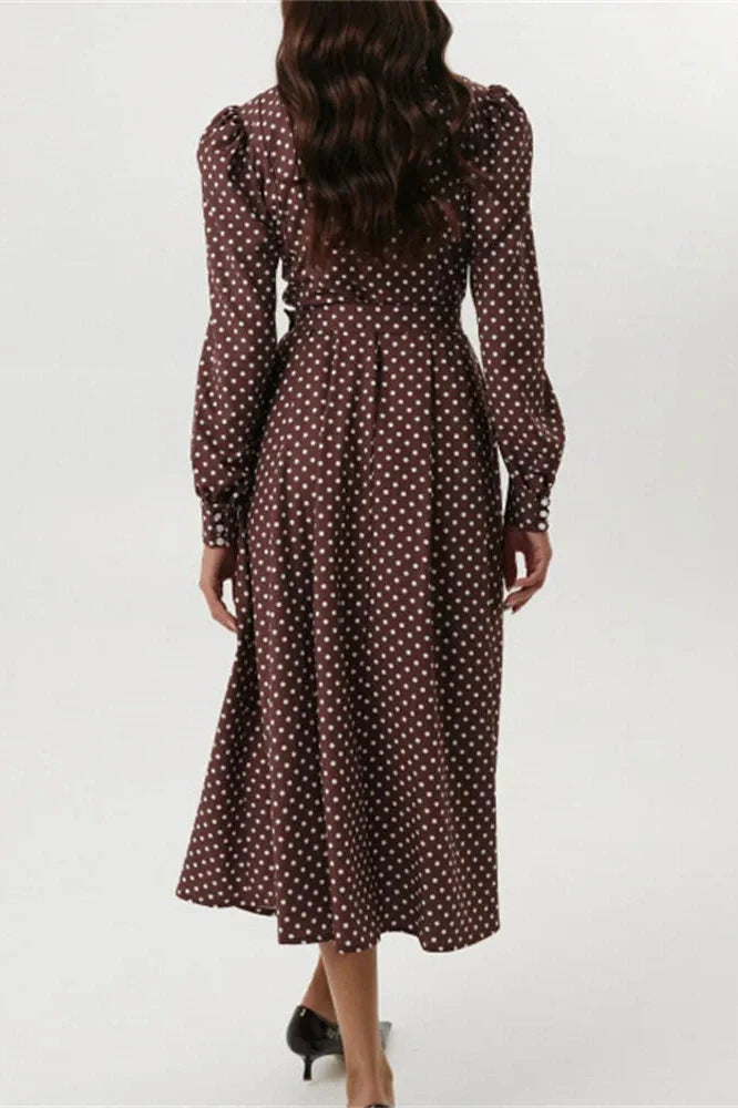 Printed High Waist Long Sleeve Slim Midi Dress