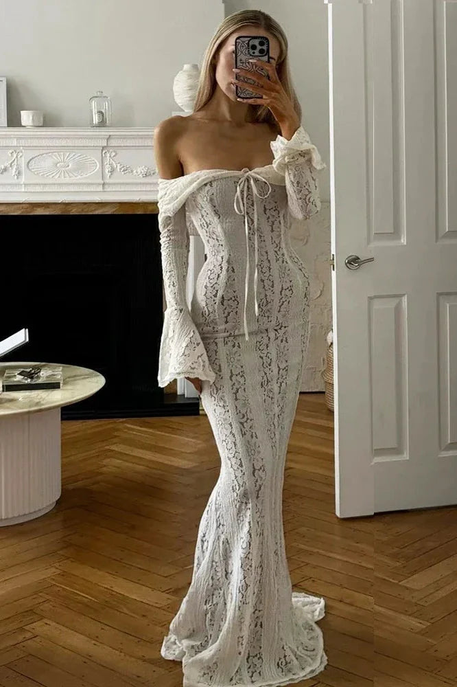 Off-Shoulder See-Through Printed Lace-Up High Waist Maxi Dress