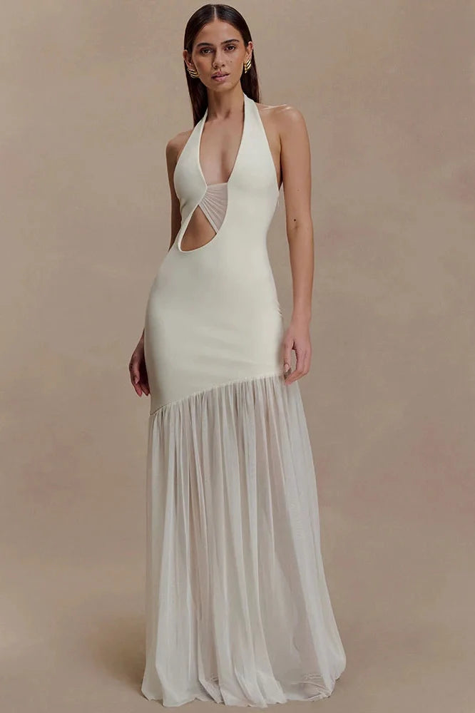 Hollow Out Backless Patchwork V Neck Sleeveless Bodycon Maxi Dress