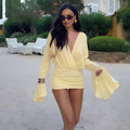 High Waisted V-Neck Pleated Long Sleeved Mini Dress