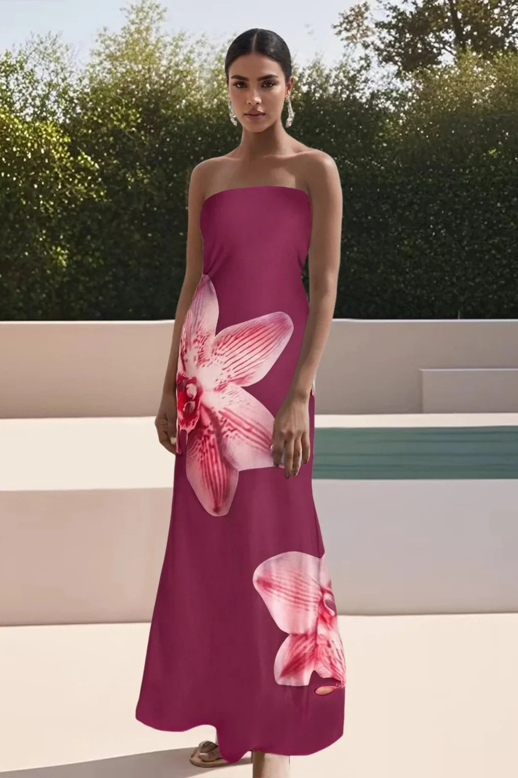 Sleeveless Off-Shoulder Flower Print Maxi Dress