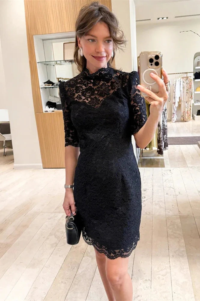 See-Through Lace Patchwork Short Sleeve Mini Dress