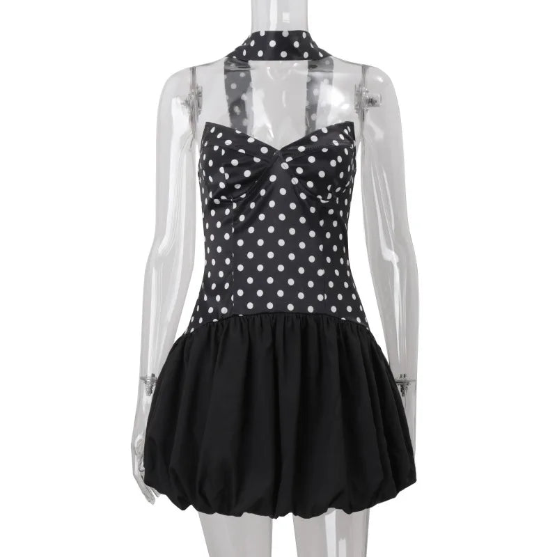 Strapless Polka Dot Patchwork Scarf Ribbon Mini Dress