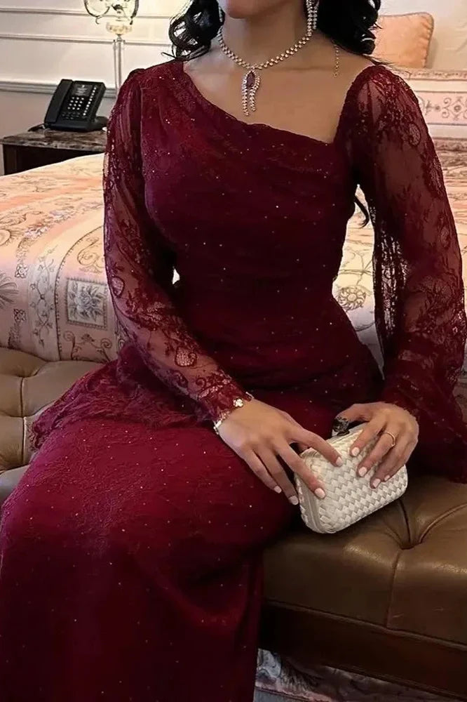 Elegant Lace Slim Slash Collar Long Sleeve Irregular Maxi Dress