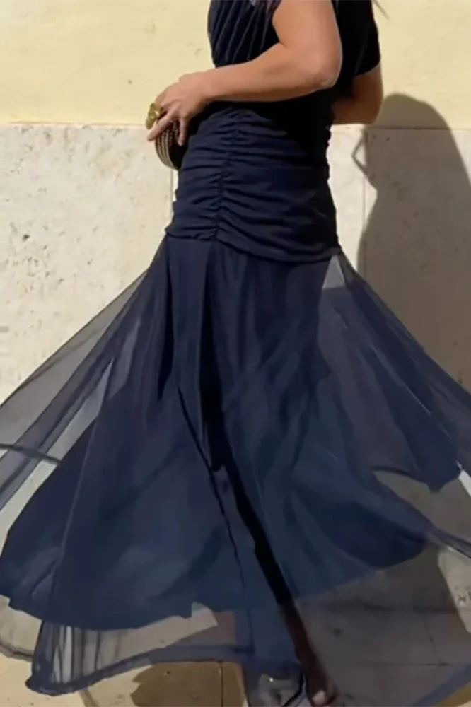 Printed Shawl Sleeve High Waist Pleated V-Neck Off Shoulder Maxi Dress