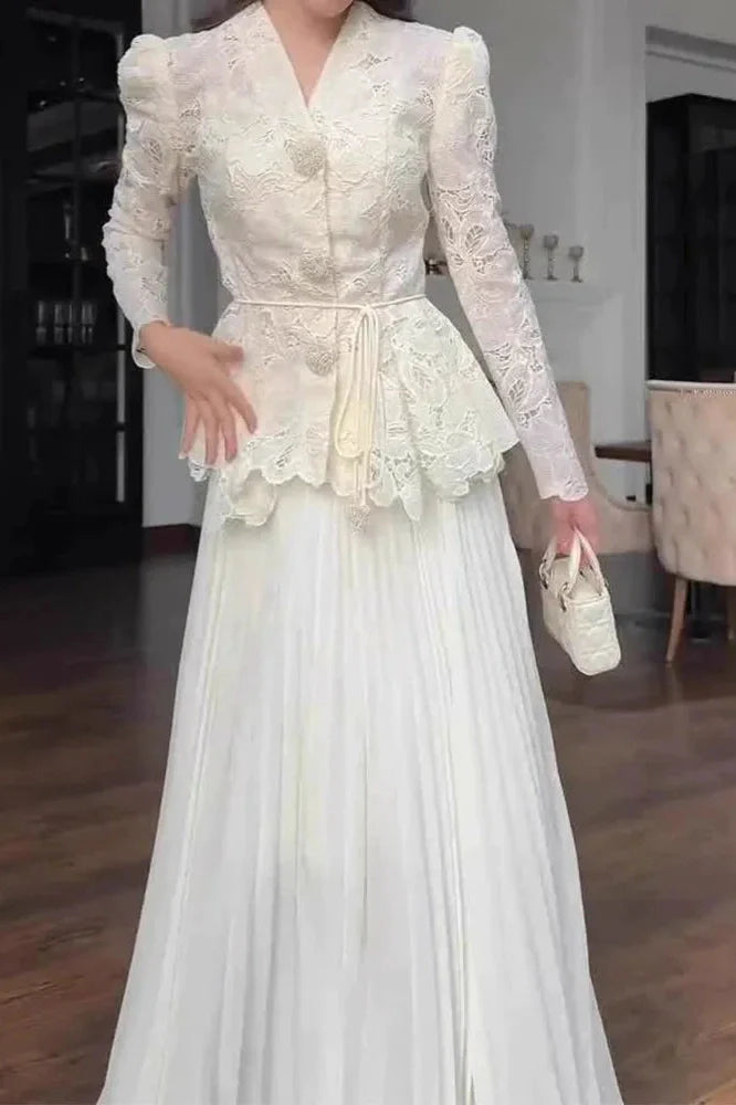 Elegant High Waist Long Sleeve Lace Embroidery Slim Maxi Dress