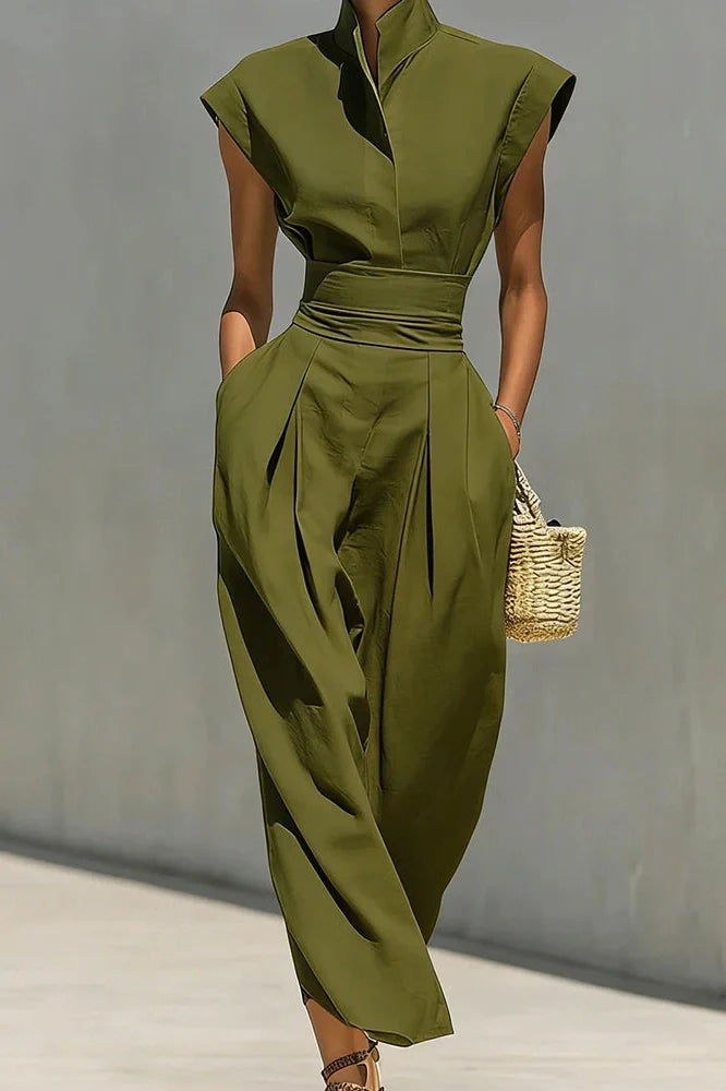 Elegant High Waist Slim Pleated Sleeveless Midi Dress