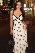 Lace Printed Backless Spaghetti Strap V Neck Sleeveless Bodycon Midi Dress