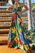 Hollow Out Sleeveless Lace-up Printed Maxi Dress