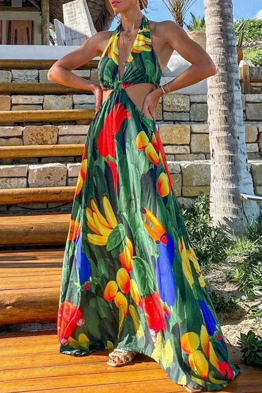 Hollow Out Sleeveless Lace-up Printed Maxi Dress