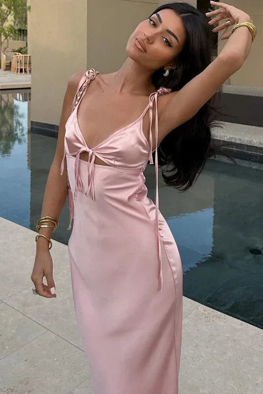 V Neck Lace-Up Spaghetti Strap Sleeveless Slim Maxi Dress