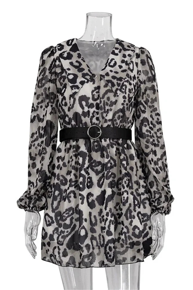 V-Neck Printed See-Through Long Sleeve Mini Dress