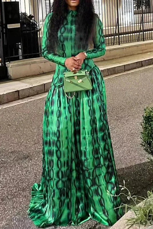 Printed Long Sleeve Slim High Waist Pleated Maxi Dress