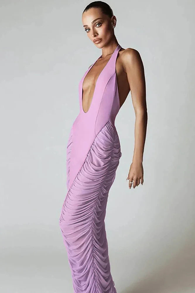 Deep V Neck Patchwork Mesh High Waist Maxi Dress
