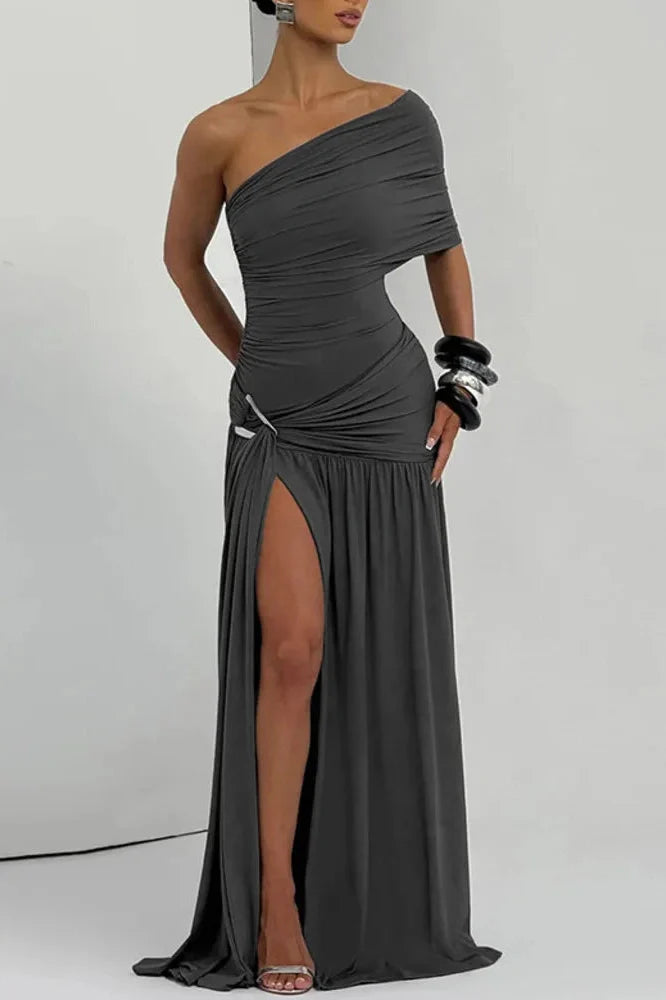 Off-Shoulder Backless One Sleeve Split Pleated Maxi Dress