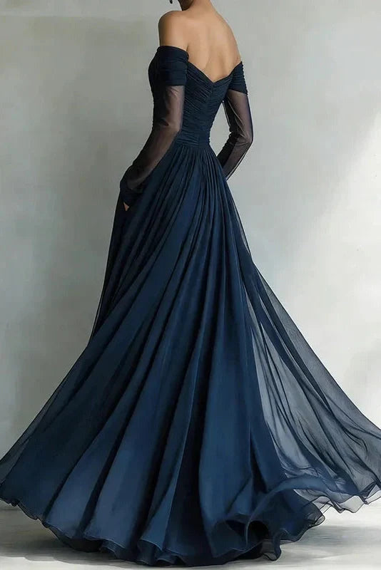 Off Shoulder High Waist Pleated Long Sleeve Slim Maxi Dress
