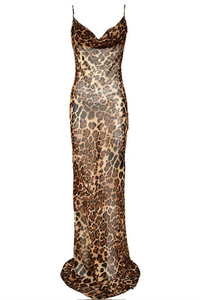 Printed Lace-Up Backless Slim Maxi Dress