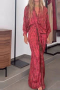 Sleeves Loose Printed Tie-Up V-Neck High Waist Pleated Maxi Dress