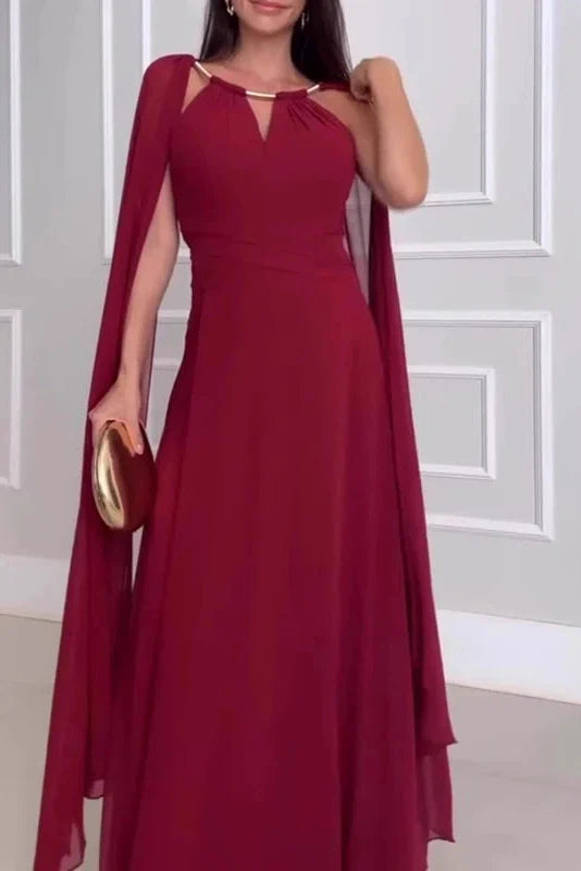 Elegant Hollow Out Shawl Sleeve Pleated High Waist Maxi Dress