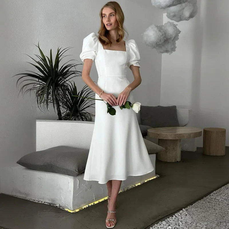 Square Collar Slim Short Sleeve High Waist Midi Dress