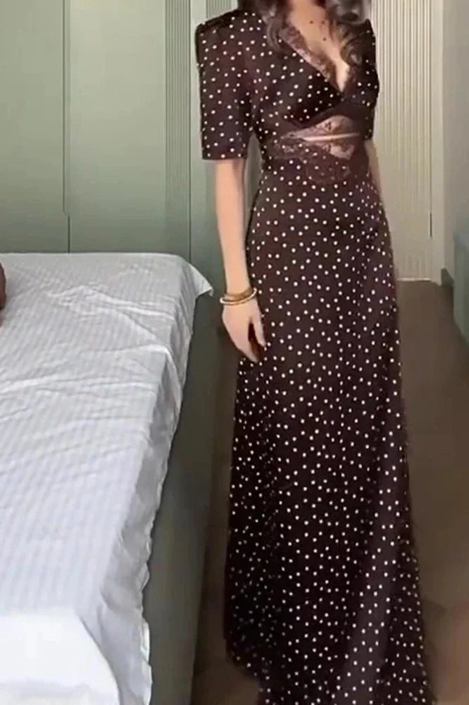 Short Sleeve Lace V-Neck Printed High Waist Maxi Dress