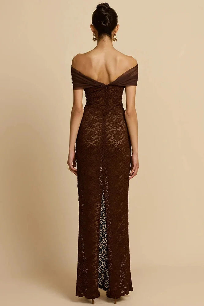 Lace Off-Shoulder See Through Strapless Sleeveless Split Bodycon Maxi Dress