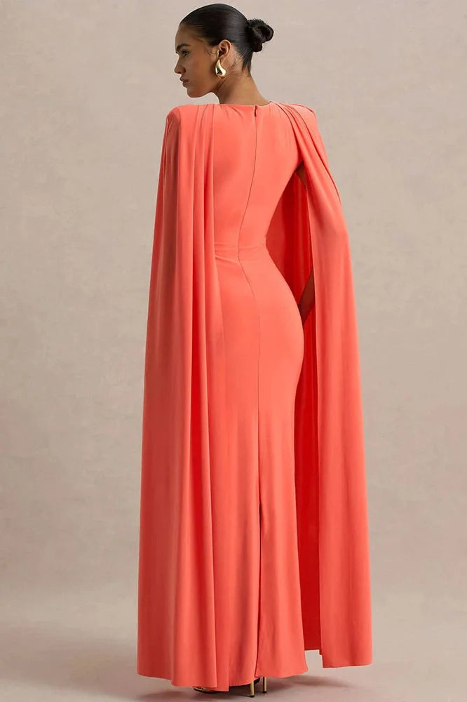 Cape Sleeve Zipper O Neck High Waist Split Maxi Dress