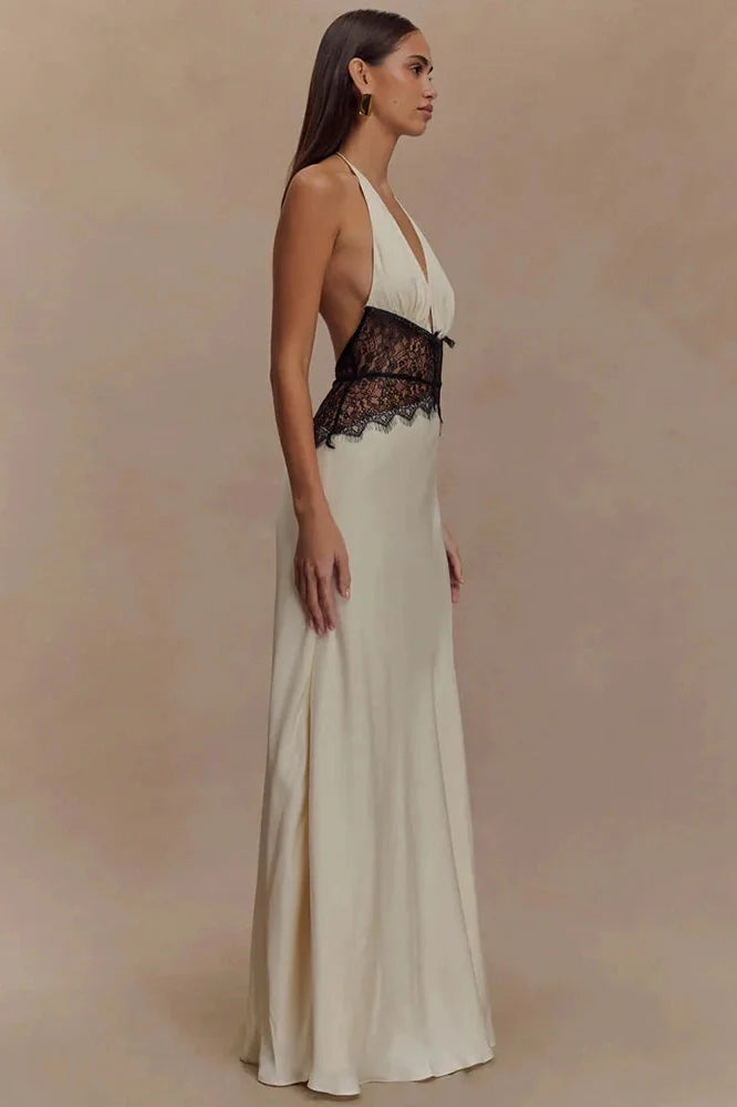 Backless Patchwork Lace Deep V Neck Sleeveless High Waist Maxi Dress