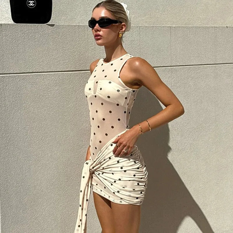 Polka Dot Lace-Up Printed Patchwork Sleeveless Mini Dress