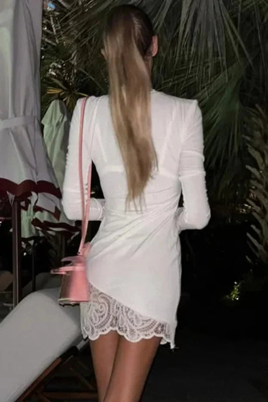 Patchwork Lace Round Neck Bodycon High-Waisted Mini Dress