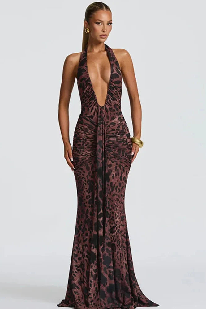 Printed Backless Deep V Neck Sleeveless Bodycon Maxi Dress