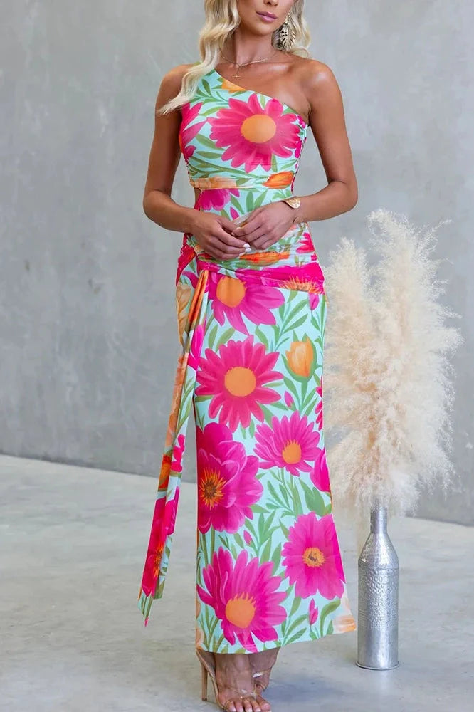 Hollow Out Sleeveless Slim High Waist Printed Maxi Dress
