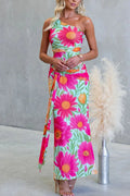 Hollow Out Sleeveless Slim High Waist Printed Maxi Dress