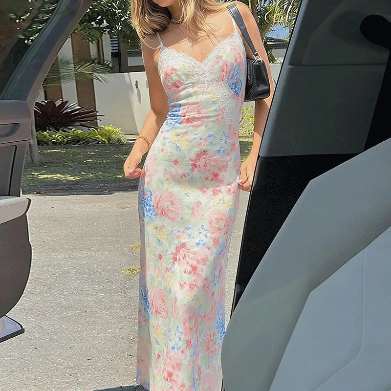 Lace Printed V-Neck High Waist Patchwork Maxi Dress