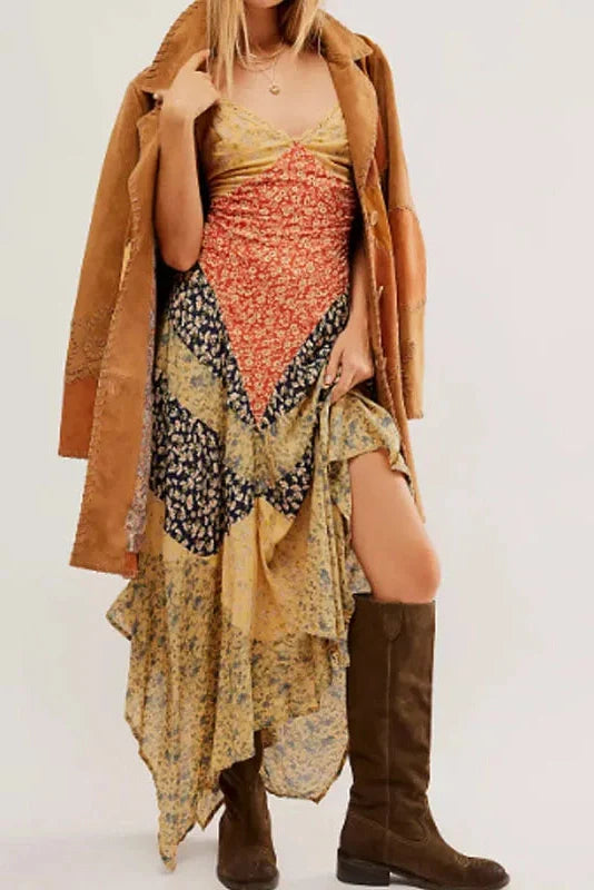 V-Neck Sleeveless Slim Backless Pleated Printed Irregular Maxi Dress