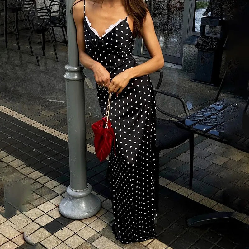 V-Neck Polka Dot Lace Patchwork Sleeveless Maxi Dress