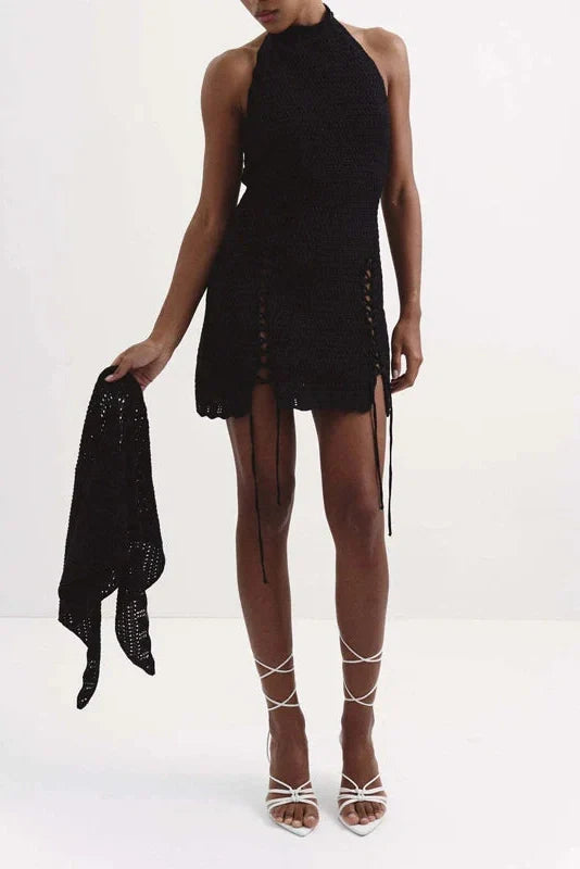Hollow Out Backless Sleeveless Slim Tie Up Mini Dress