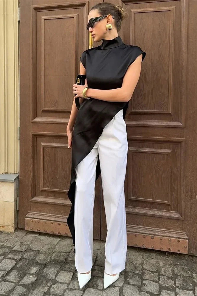 Sleeveless Turtleneck Patchwork Slim Midi Dress