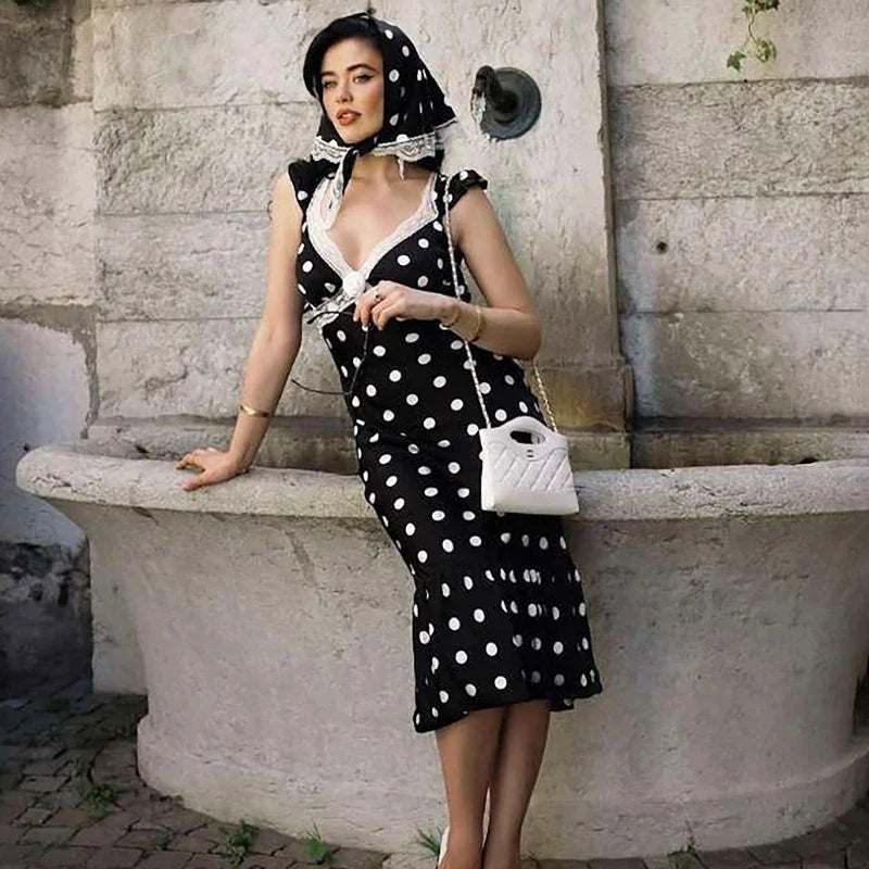 Lace Patchwork Polka Dot V-Neck Backless Midi Dress