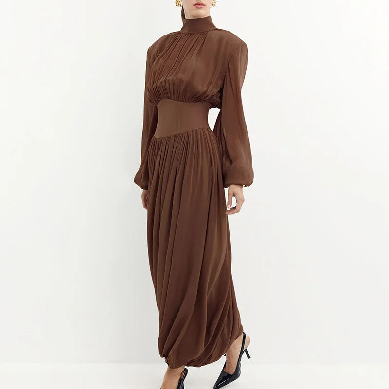 Elegant Half High Neck High Waisted Patchwork Maxi Dress
