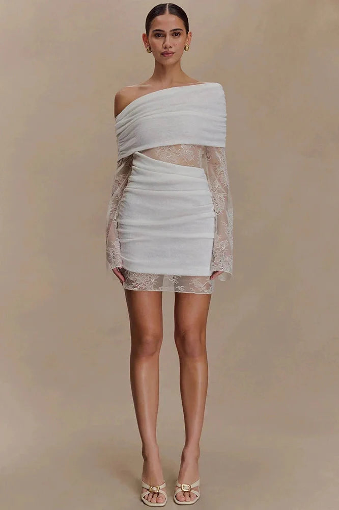 One Shoulder Backless Lace Long Sleeve See Through High Waist Mini Dress
