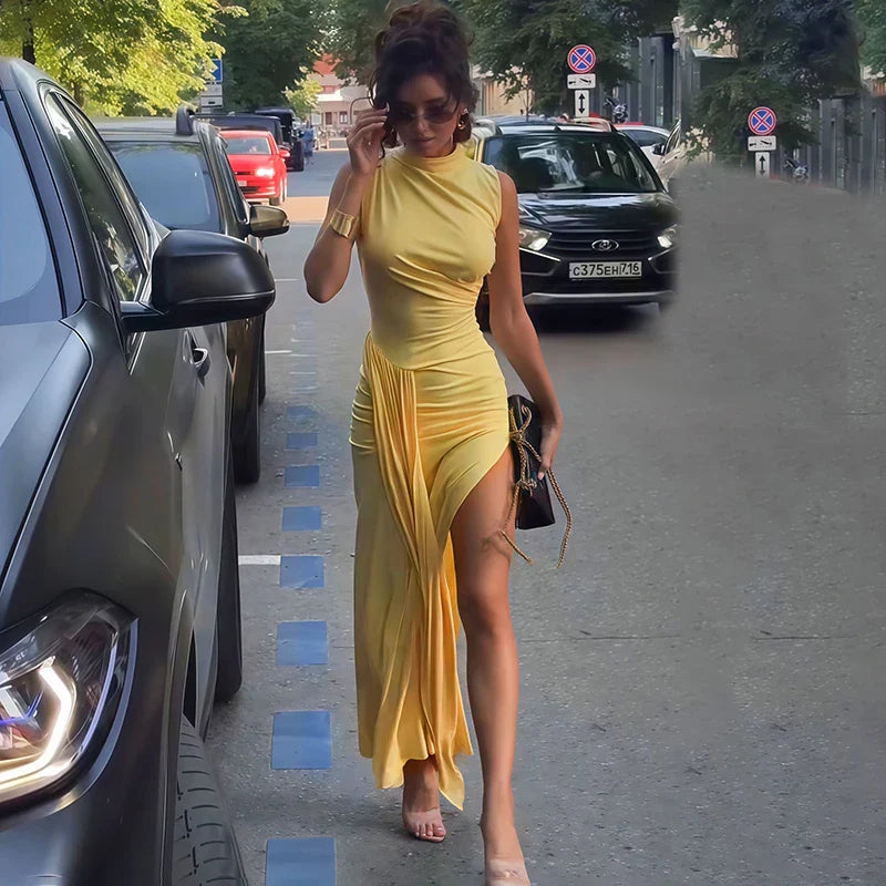 Pleated Sleeveless High Slit Maxi Dress