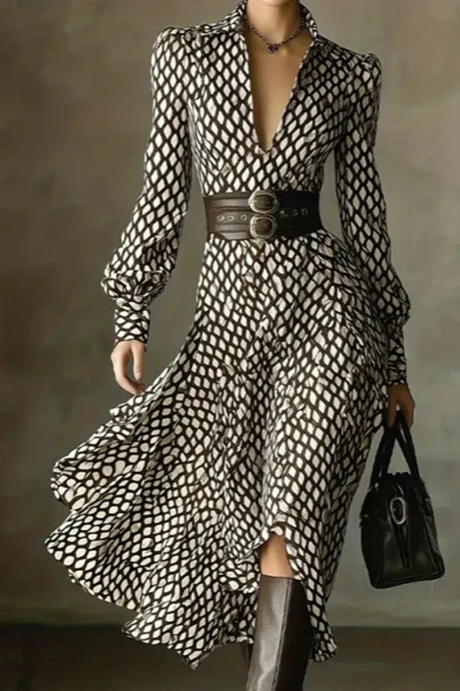 Elegant Pleated High Waist Printed Long Sleeve Midi Dress