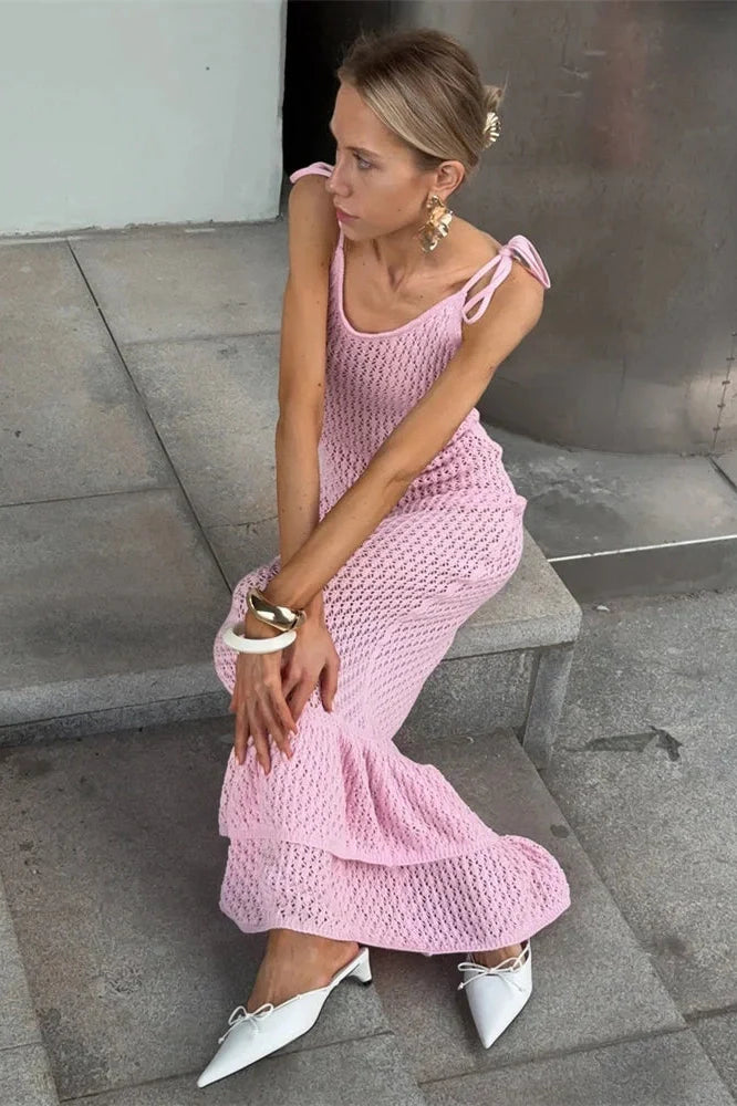Hollow Out Lace-Up High Waist Slim Backless Maxi Dress