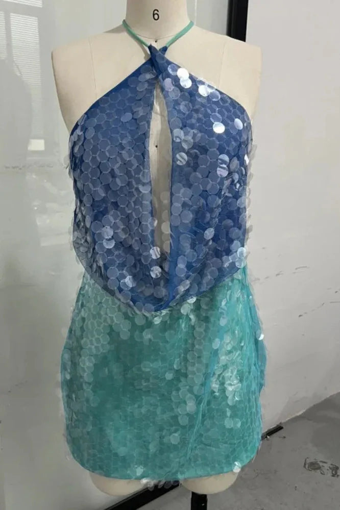 Hollow Out Patchwork Sleeveless Backless High Waist Mini Dress