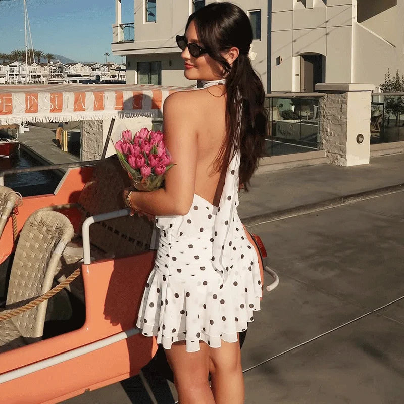 Polka Dot Print Lace-Up Halter Neck Mini Dress