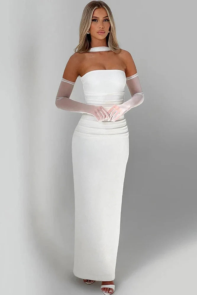 Scarf Collar Strapless Off-Shoulder Backless Bodycon Maxi Dress