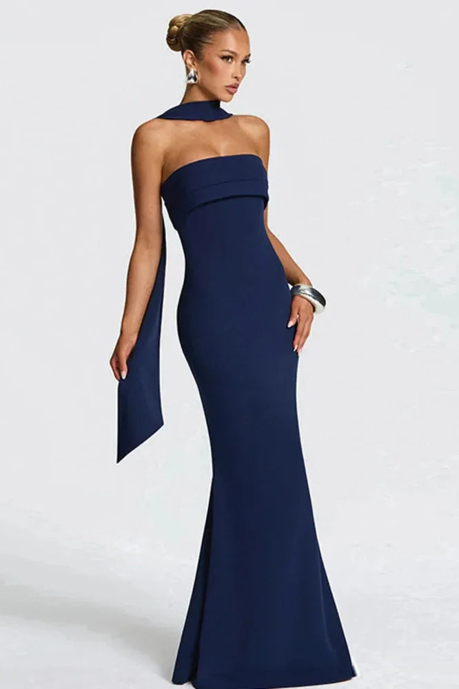 Off-Shoulder Strapless Scarf Collar Sleeveless Backless Bodycon Maxi Dress