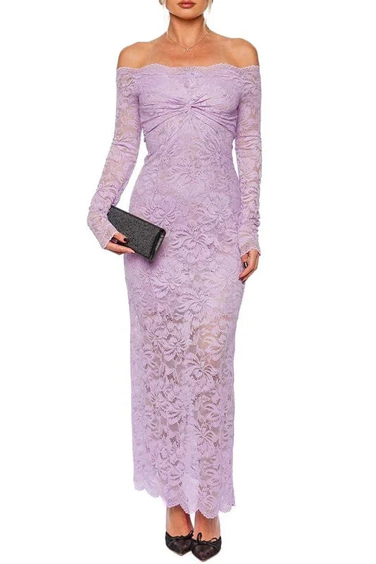 Lace Embroidery High Waist Off-Shoulder Slim Maxi Dress