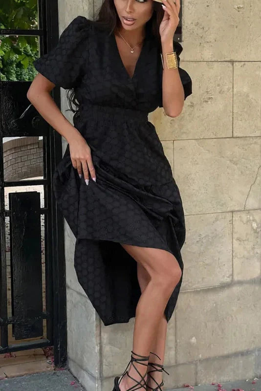 V-Neck Short Sleeve Patchwork Printed Slim Midi Dress